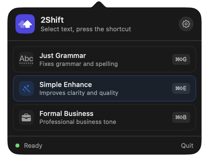 2Shift menu bar popover with the three modes